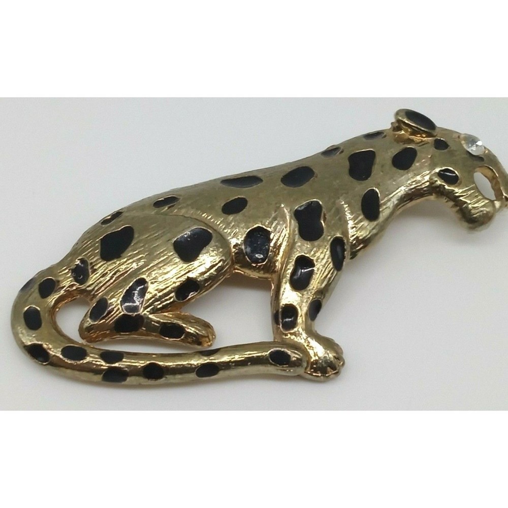 Vintage Leopard Panther Brooch Pin Black Enamel Gold Tone Metal Rhinestone Eye